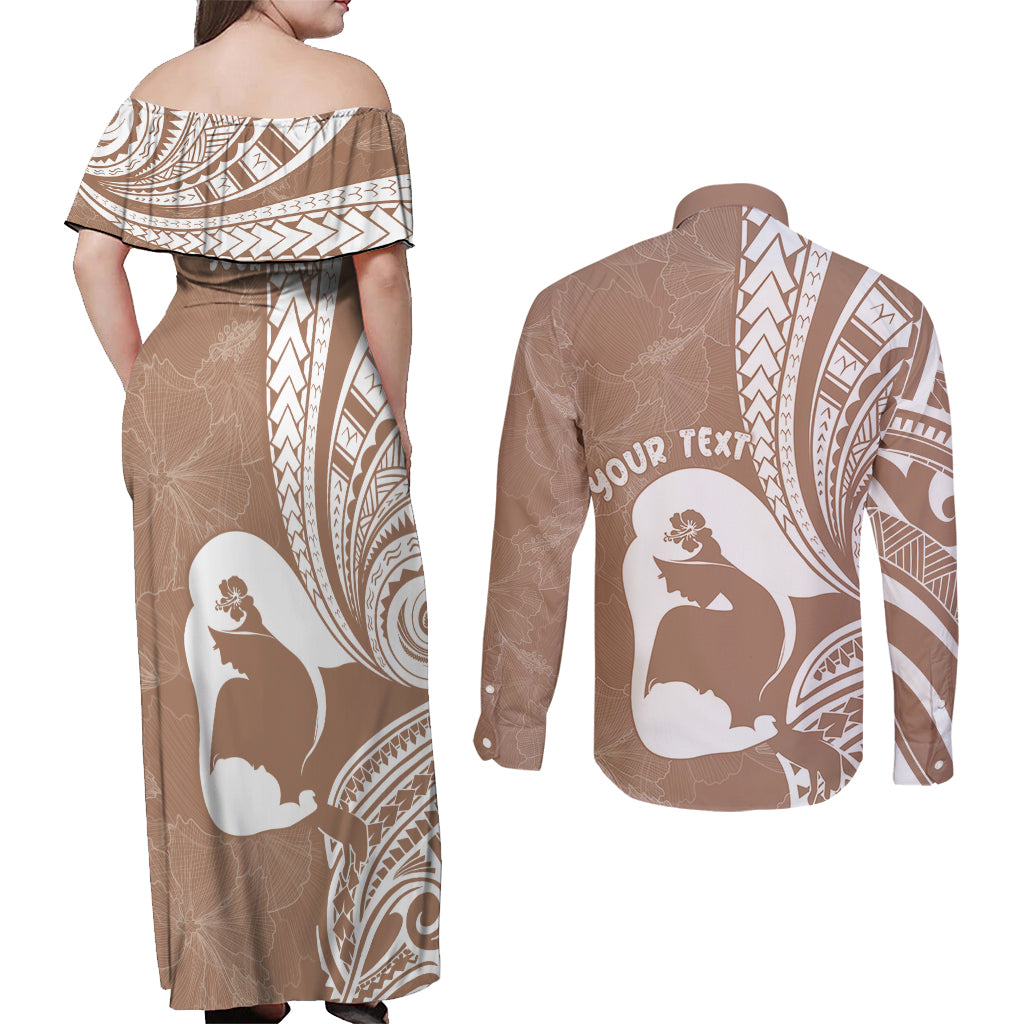 Mother's Day Couples Matching Off Shoulder Maxi Dress and Long Sleeve Button Shirt Polynesia Vintage Hibiscus - Brown