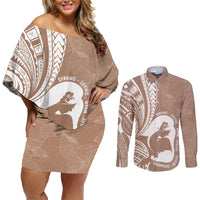 Mother's Day Couples Matching Off Shoulder Short Dress and Long Sleeve Button Shirt Polynesia Vintage Hibiscus - Brown