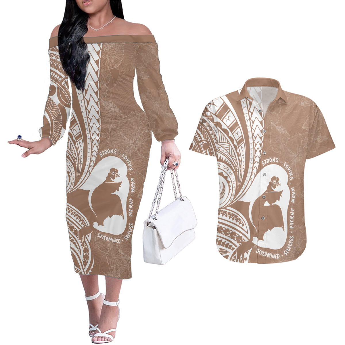 Mother's Day Couples Matching Off The Shoulder Long Sleeve Dress and Hawaiian Shirt Polynesia Vintage Hibiscus - Brown LT7 Brown - Polynesian Pride