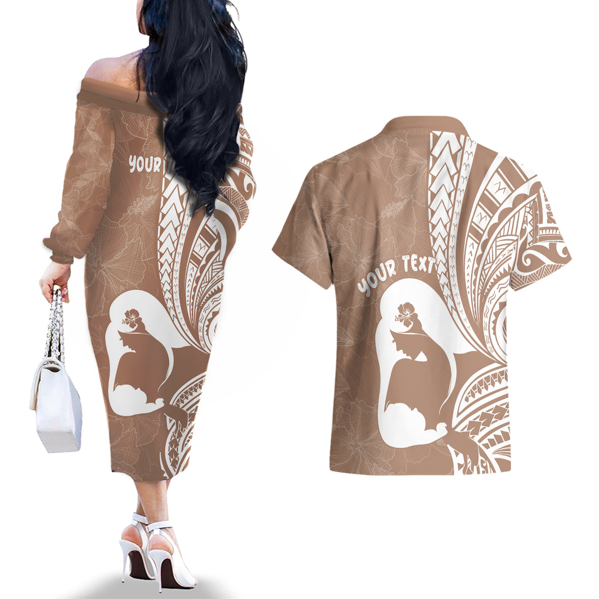 Mother's Day Couples Matching Off The Shoulder Long Sleeve Dress and Hawaiian Shirt Polynesia Vintage Hibiscus - Brown LT7 - Polynesian Pride
