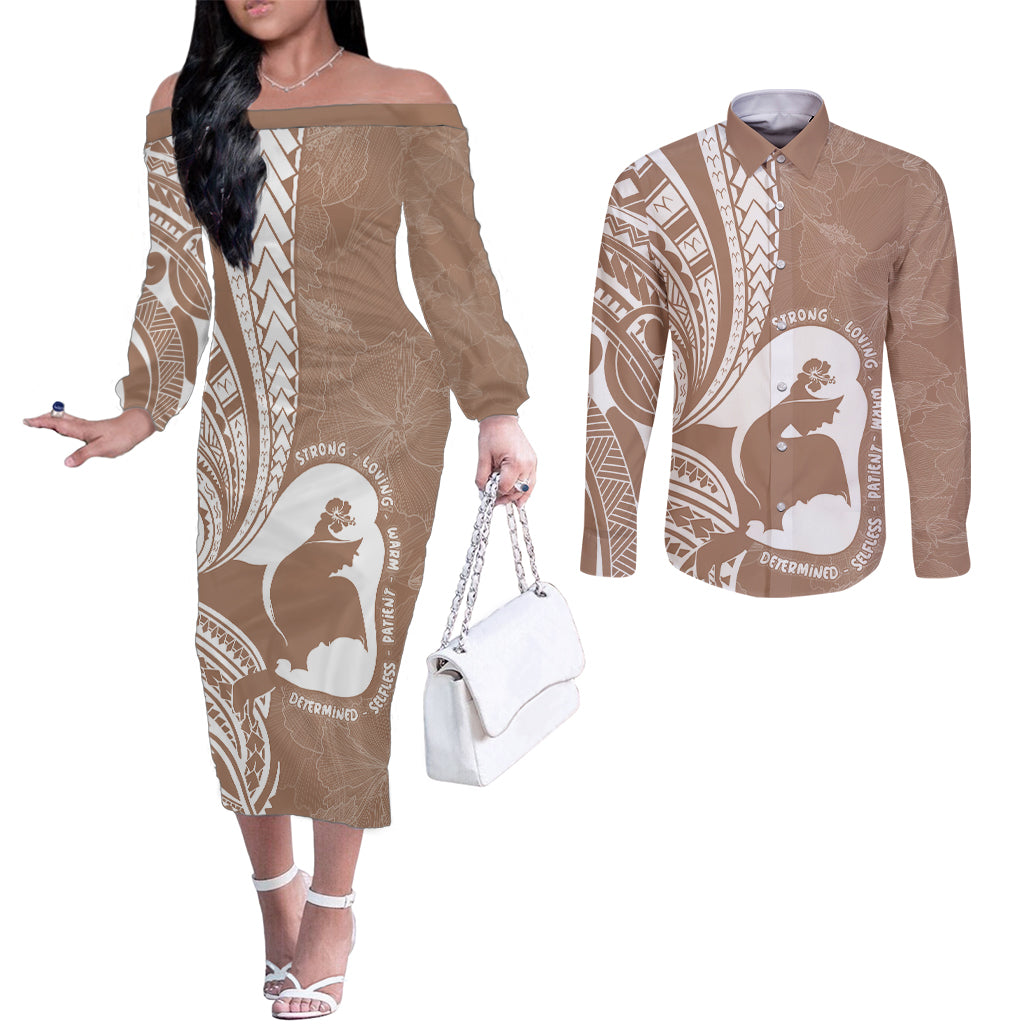 Mother's Day Couples Matching Off The Shoulder Long Sleeve Dress and Long Sleeve Button Shirt Polynesia Vintage Hibiscus - Brown