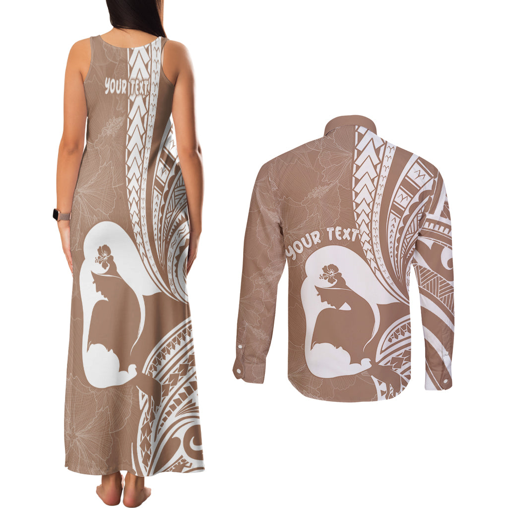 Mother's Day Couples Matching Tank Maxi Dress and Long Sleeve Button Shirt Polynesia Vintage Hibiscus - Brown