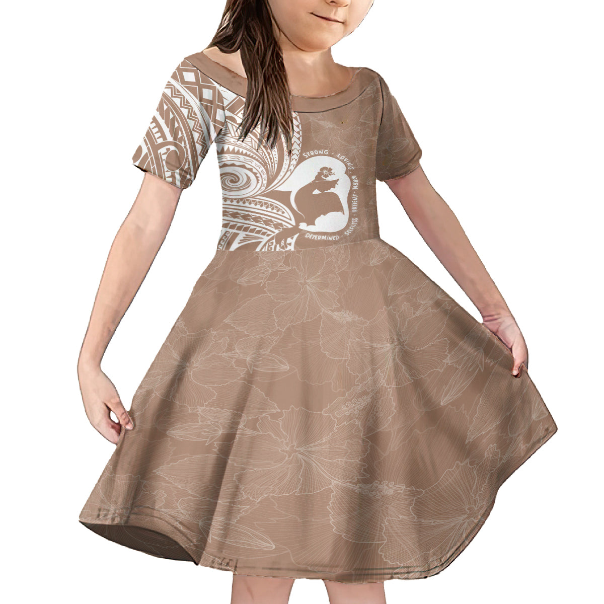 Mother's Day Family Matching Off The Shoulder Long Sleeve Dress and Hawaiian Shirt Polynesia Vintage Hibiscus - Brown LT7 Daughter's Dress Brown - Polynesian Pride