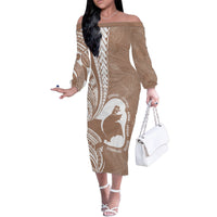 Mother's Day Family Matching Off The Shoulder Long Sleeve Dress and Hawaiian Shirt Polynesia Vintage Hibiscus - Brown LT7 Mom's Dress Brown - Polynesian Pride