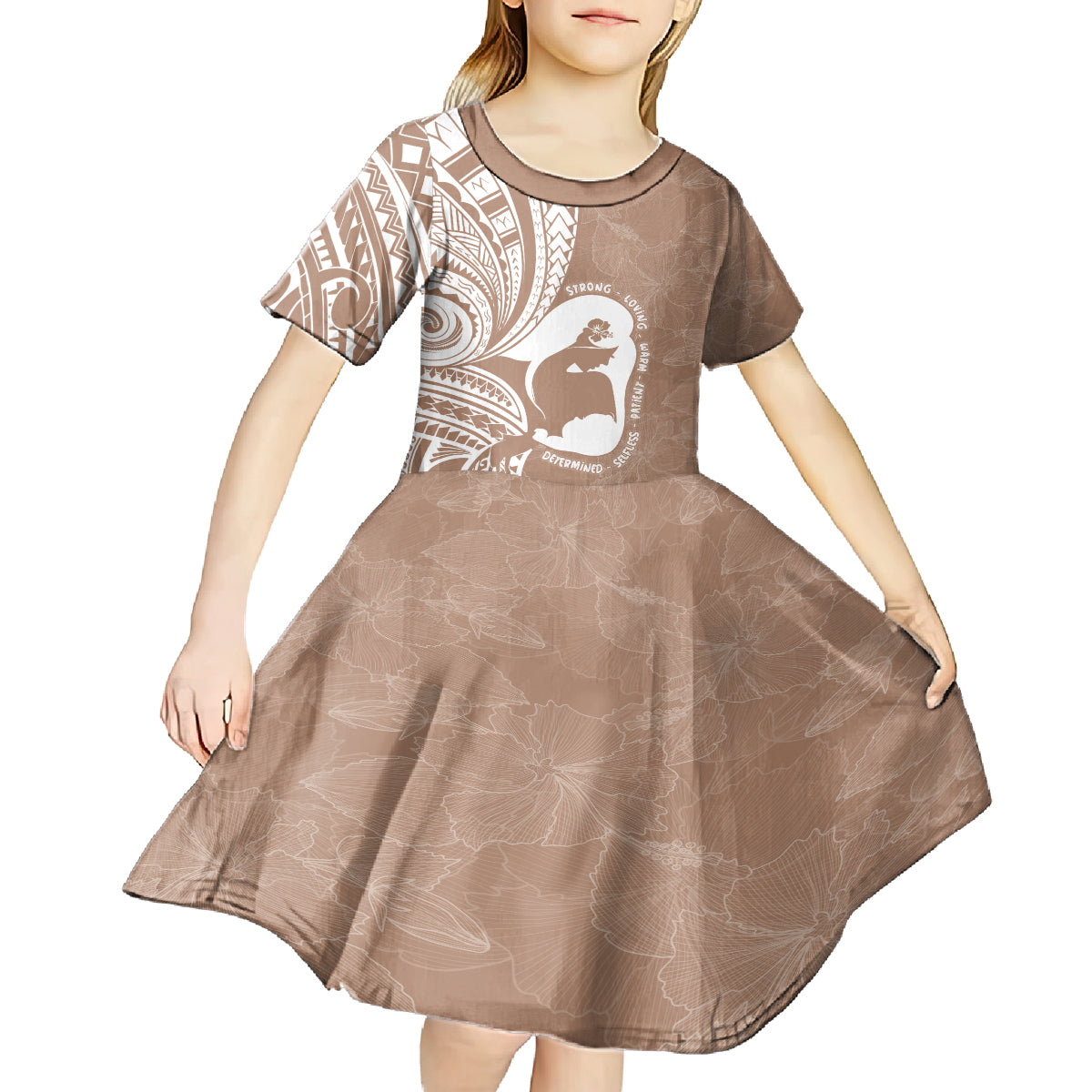 Mother's Day Kid Short Sleeve Dress Polynesia Vintage Hibiscus - Brown