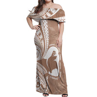 Mother's Day Off Shoulder Maxi Dress Polynesia Vintage Hibiscus - Brown