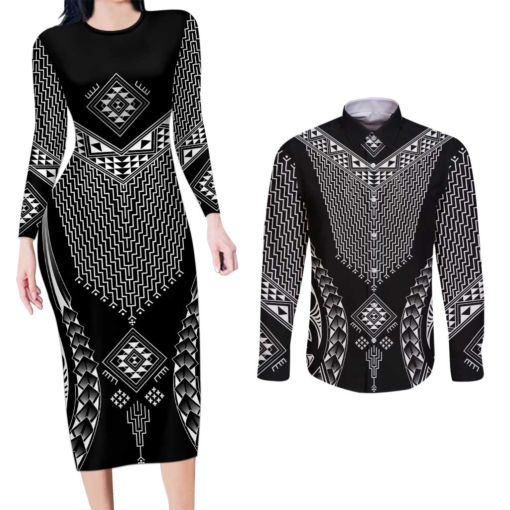2025 Rugby Championship New Zealand Custom Couples Matching Long Sleeve Bodycon Dress and Long Sleeve Button Shirt Poutama Motifs LT7 Black - Polynesian Pride