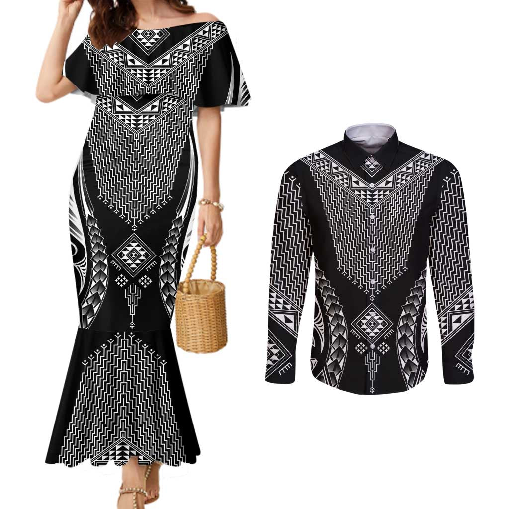 2025 Rugby Championship New Zealand Custom Couples Matching Mermaid Dress and Long Sleeve Button Shirt Poutama Motifs - Polynesian Pride