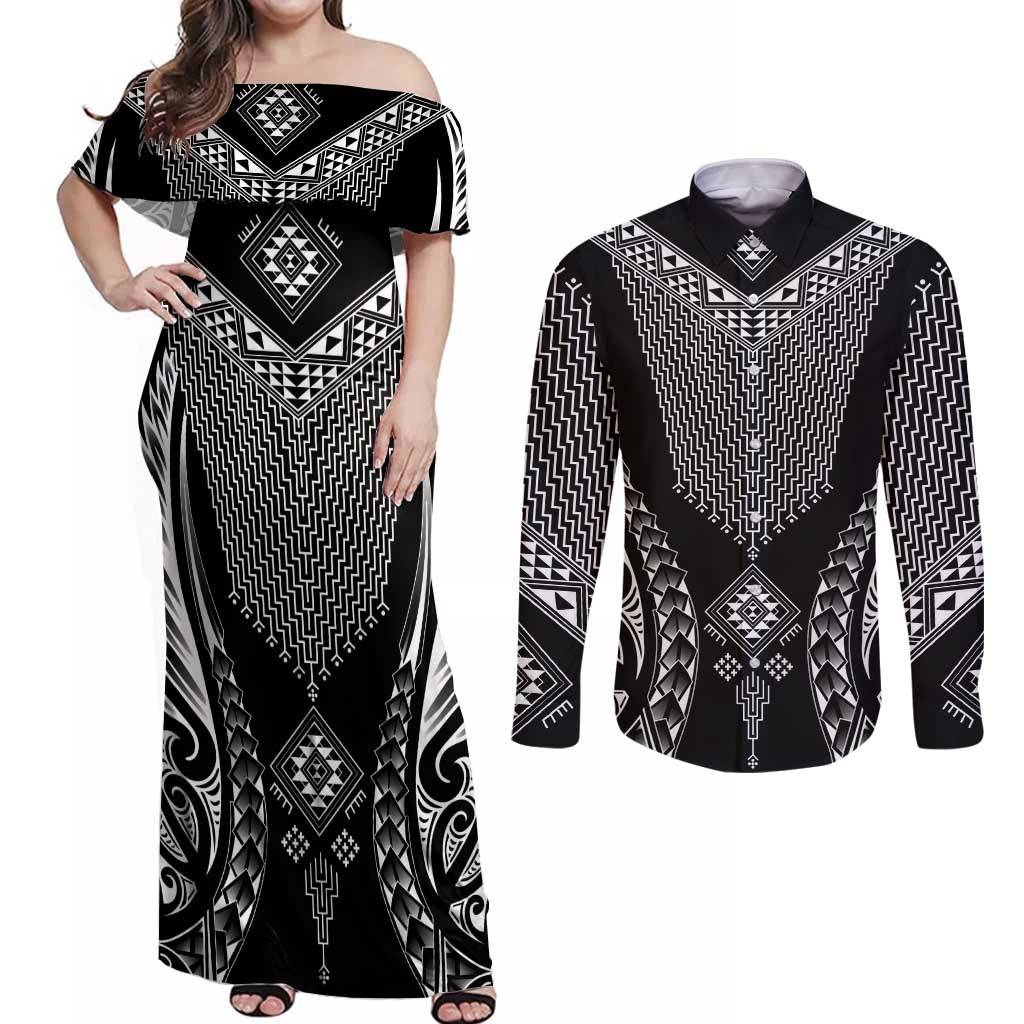2025 Rugby Championship New Zealand Custom Couples Matching Off Shoulder Maxi Dress and Long Sleeve Button Shirt Poutama Motifs LT7 Black - Polynesian Pride