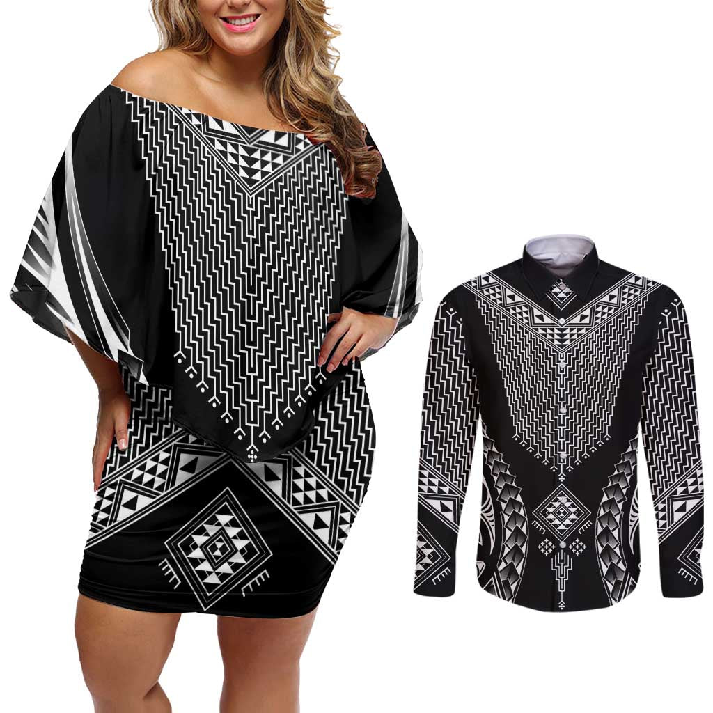 2025 Rugby Championship New Zealand Custom Couples Matching Off Shoulder Short Dress and Long Sleeve Button Shirt Poutama Motifs LT7 Black - Polynesian Pride