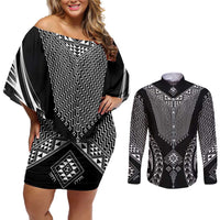 2025 Rugby Championship New Zealand Custom Couples Matching Off Shoulder Short Dress and Long Sleeve Button Shirt Poutama Motifs LT7 Black - Polynesian Pride