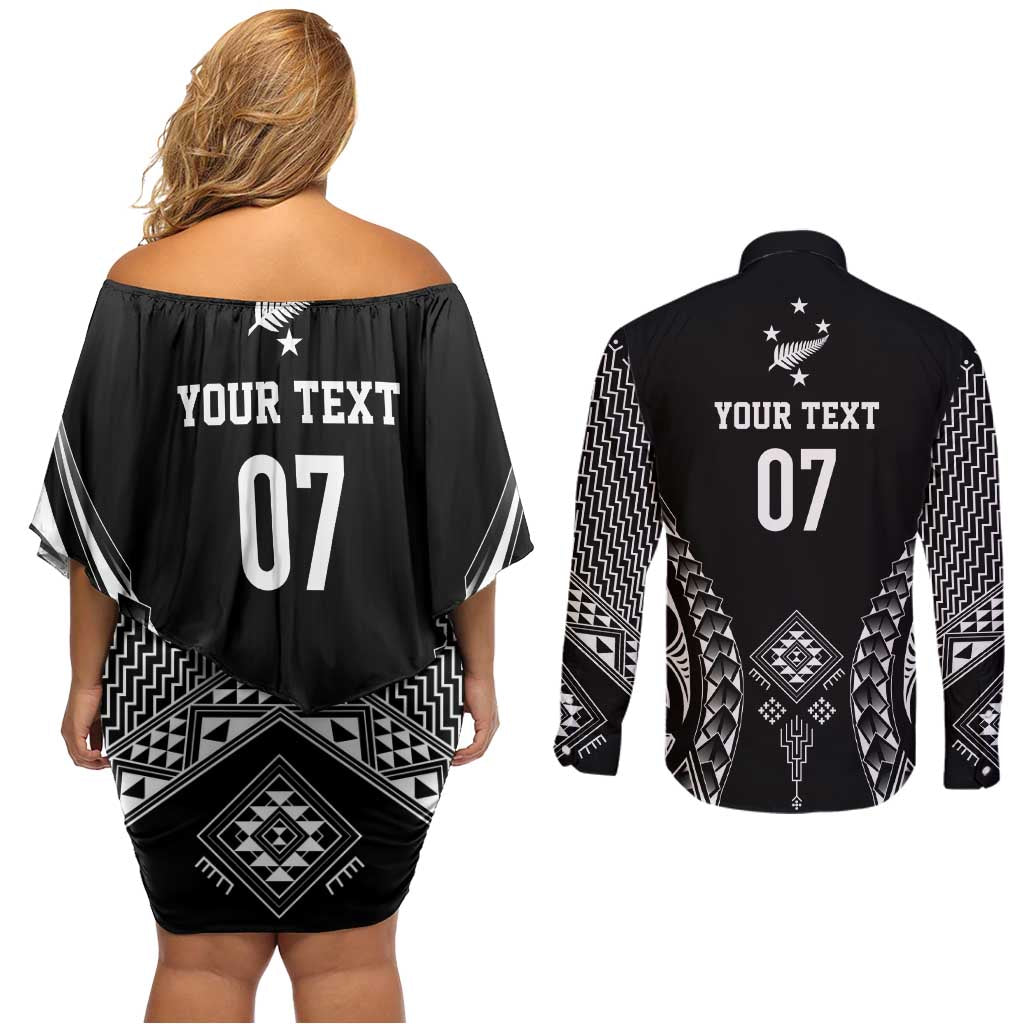 2025 Rugby Championship New Zealand Custom Couples Matching Off Shoulder Short Dress and Long Sleeve Button Shirt Poutama Motifs LT7 - Polynesian Pride