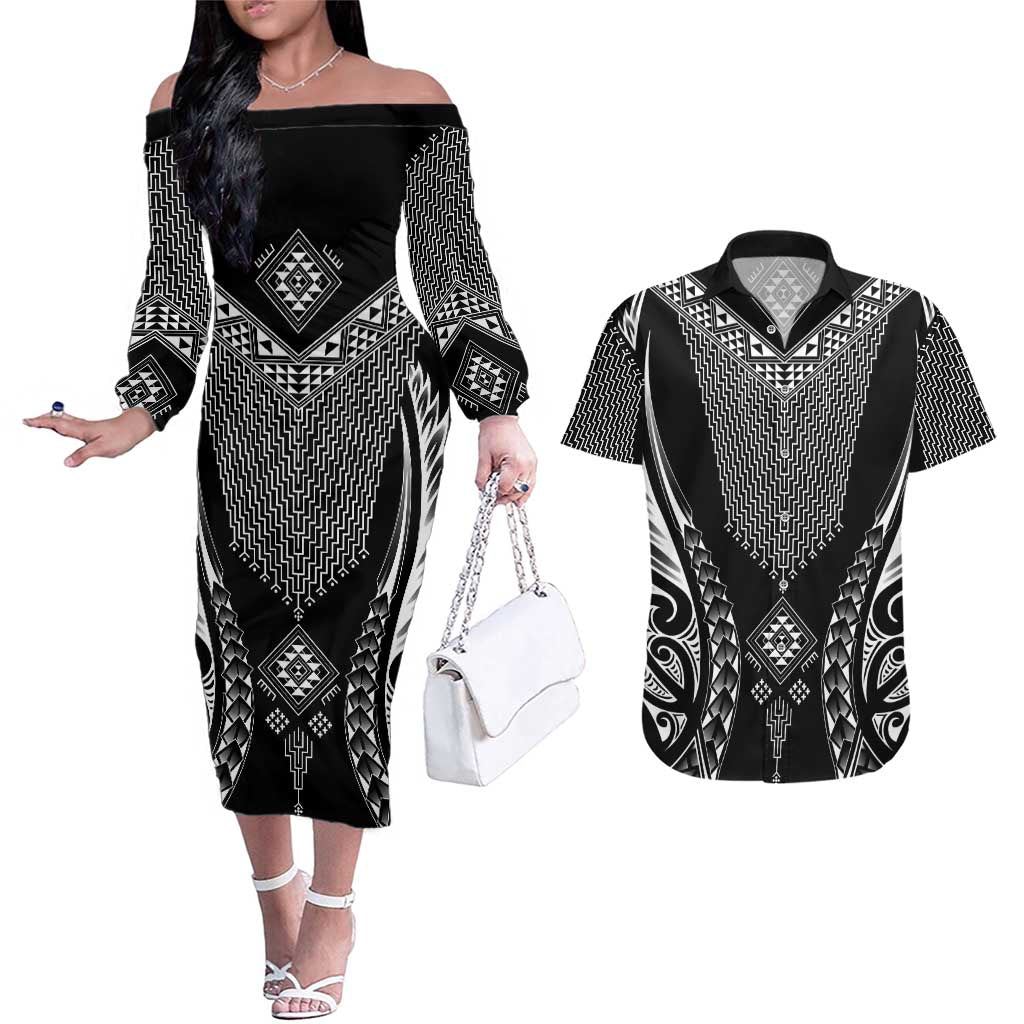 2025 Rugby Championship New Zealand Custom Couples Matching Off The Shoulder Long Sleeve Dress and Hawaiian Shirt Poutama Motifs - Polynesian Pride