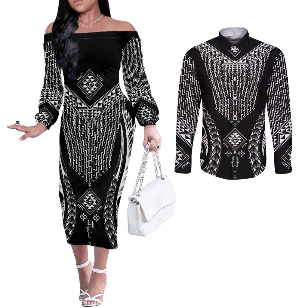 2025 Rugby Championship New Zealand Custom Couples Matching Off The Shoulder Long Sleeve Dress and Long Sleeve Button Shirt Poutama Motifs LT7 Black - Polynesian Pride