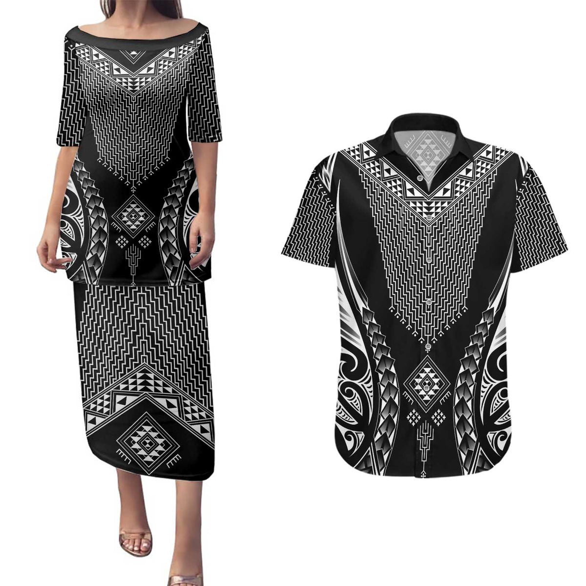 2025 Rugby Championship New Zealand Custom Couples Matching Puletasi and Hawaiian Shirt Poutama Motifs LT7 Black - Polynesian Pride