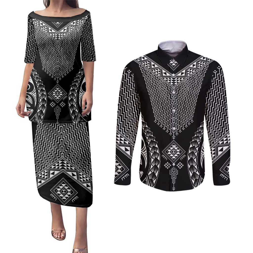 2025 Rugby Championship New Zealand Custom Couples Matching Puletasi and Long Sleeve Button Shirt Poutama Motifs - Polynesian Pride