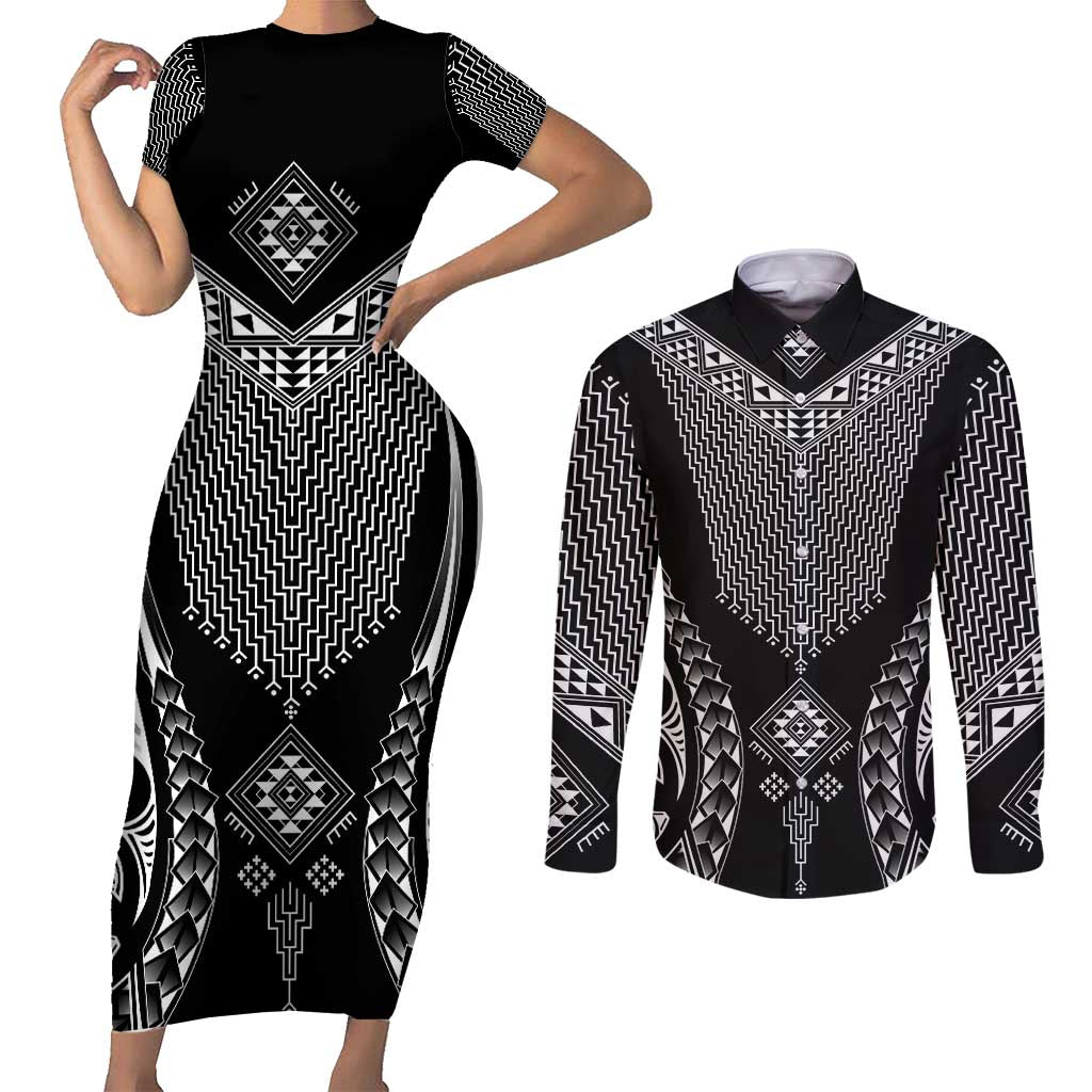 2025 Rugby Championship New Zealand Custom Couples Matching Short Sleeve Bodycon Dress and Long Sleeve Button Shirt Poutama Motifs LT7 Black - Polynesian Pride