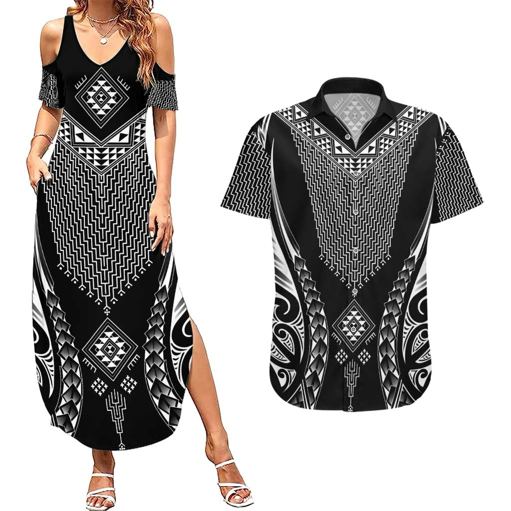 2025 Rugby Championship New Zealand Custom Couples Matching Summer Maxi Dress and Hawaiian Shirt Poutama Motifs LT7 Black - Polynesian Pride