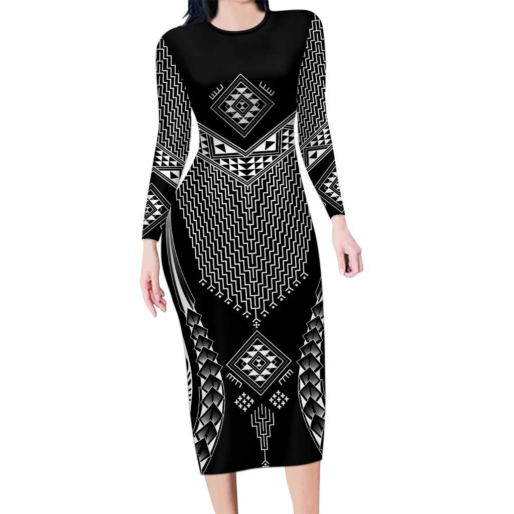 2025 Rugby Championship New Zealand Custom Family Matching Long Sleeve Bodycon Dress and Hawaiian Shirt Poutama Motifs LT7 Mom's Dress Black - Polynesian Pride
