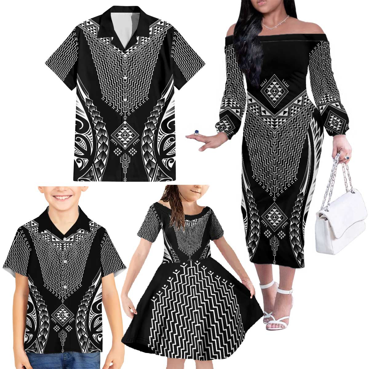 2025 Rugby Championship New Zealand Custom Family Matching Off The Shoulder Long Sleeve Dress and Hawaiian Shirt Poutama Motifs LT7 - Polynesian Pride