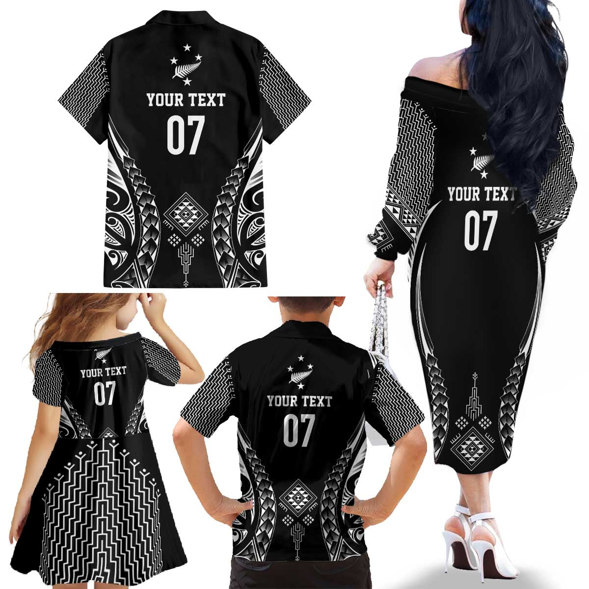 2025 Rugby Championship New Zealand Custom Family Matching Off The Shoulder Long Sleeve Dress and Hawaiian Shirt Poutama Motifs LT7 - Polynesian Pride