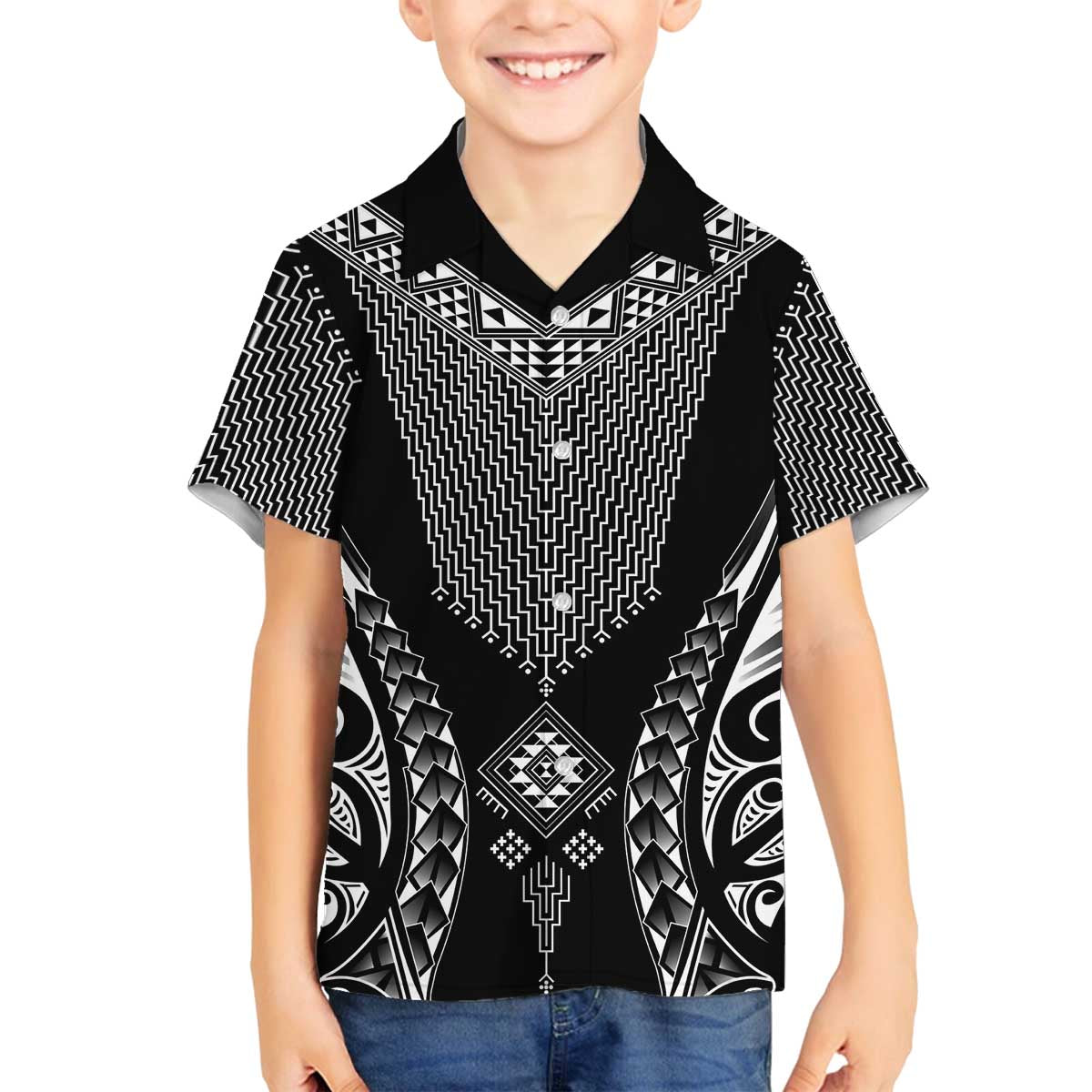 2025 Rugby Championship New Zealand Custom Family Matching Off The Shoulder Long Sleeve Dress and Hawaiian Shirt Poutama Motifs LT7 Son's Shirt Black - Polynesian Pride