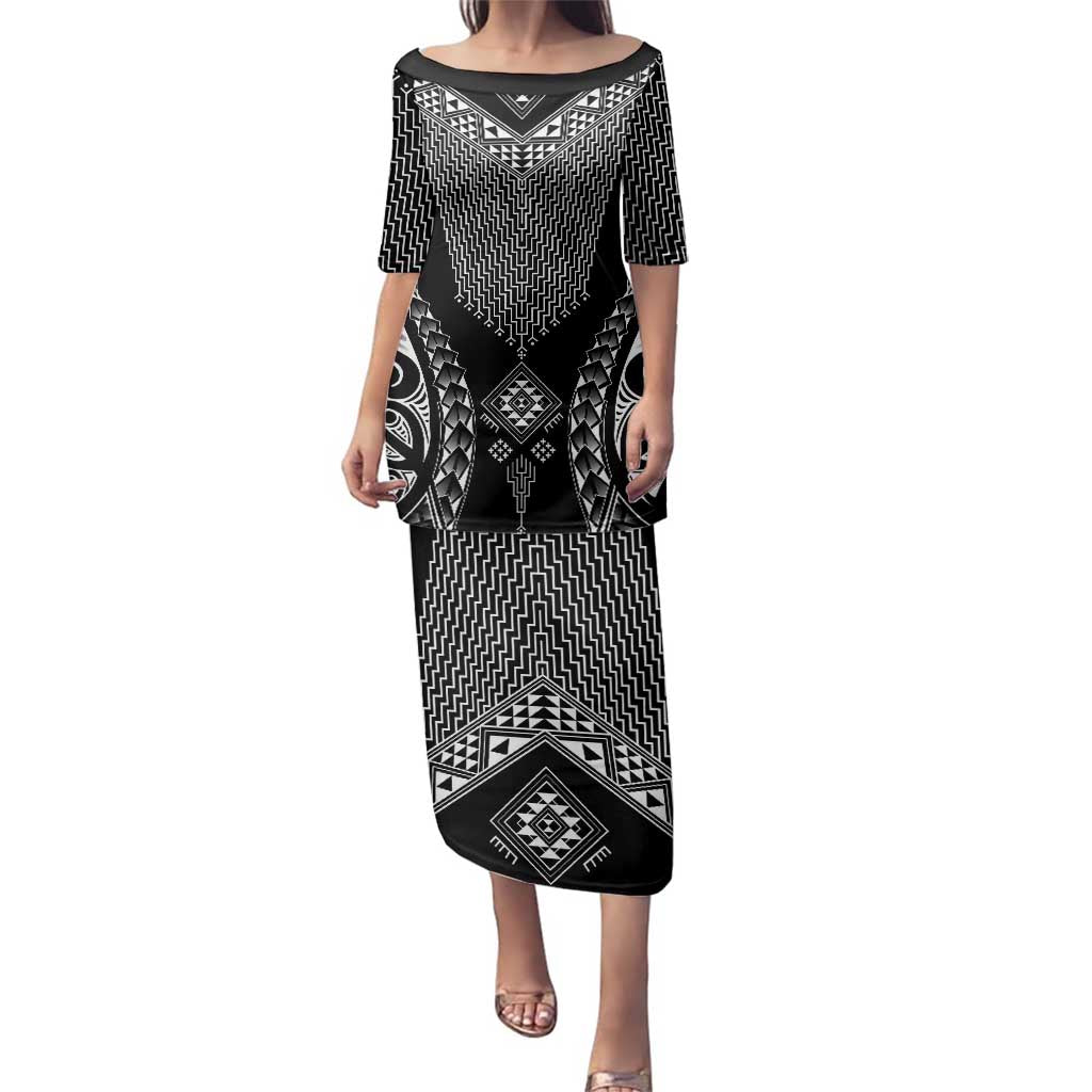 2025 Rugby Championship New Zealand Custom Family Matching Puletasi and Hawaiian Shirt Poutama Motifs LT7 Mom's Dress Black - Polynesian Pride