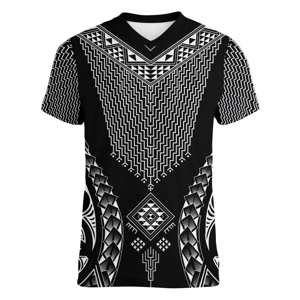 2025 Rugby Championship New Zealand Custom Women V-Neck T-Shirt Poutama Motifs LT7 Female Black - Polynesian Pride