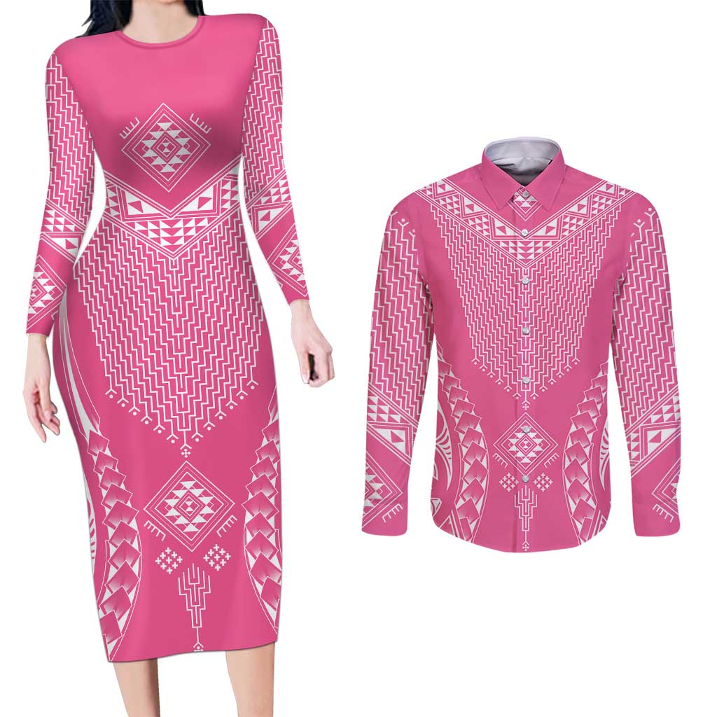 2025 Rugby Championship New Zealand Custom Couples Matching Long Sleeve Bodycon Dress and Long Sleeve Button Shirt Poutama Motifs - Pink Out LT7 Pink - Polynesian Pride