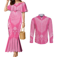 2025 Rugby Championship New Zealand Custom Couples Matching Mermaid Dress and Long Sleeve Button Shirt Poutama Motifs - Pink Out LT7 Pink - Polynesian Pride