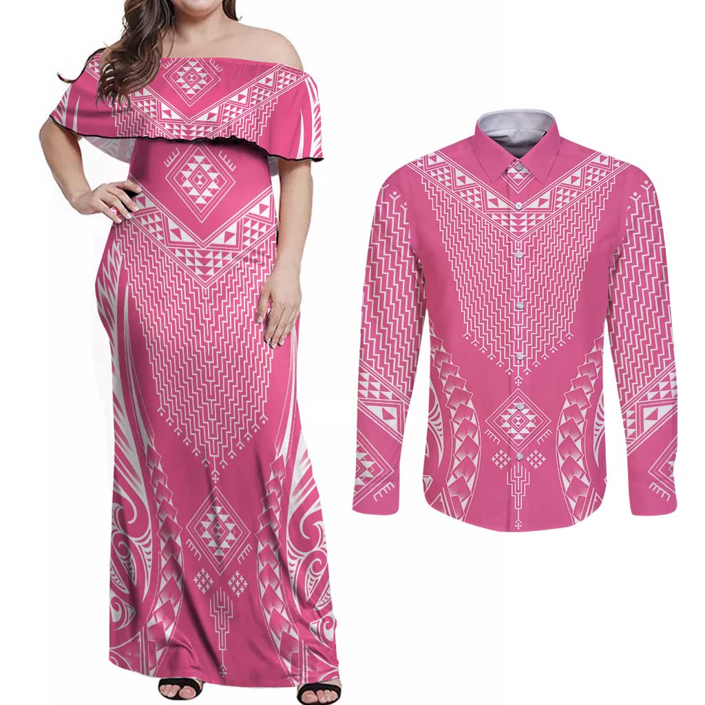 2025 Rugby Championship New Zealand Custom Couples Matching Off Shoulder Maxi Dress and Long Sleeve Button Shirt Poutama Motifs - Pink Out LT7 Pink - Polynesian Pride