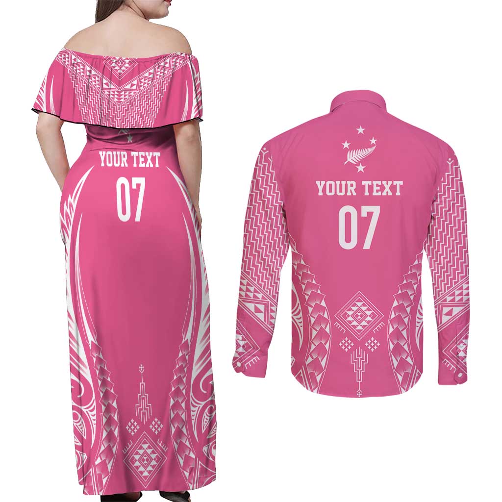 2025 Rugby Championship New Zealand Custom Couples Matching Off Shoulder Maxi Dress and Long Sleeve Button Shirt Poutama Motifs - Pink Out LT7 - Polynesian Pride