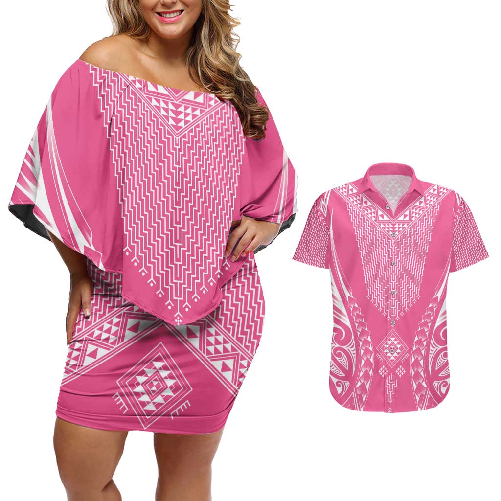 2025 Rugby Championship New Zealand Custom Couples Matching Off Shoulder Short Dress and Hawaiian Shirt Poutama Motifs - Pink Out - Polynesian Pride