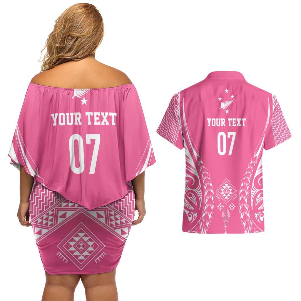 2025 Rugby Championship New Zealand Custom Couples Matching Off Shoulder Short Dress and Hawaiian Shirt Poutama Motifs - Pink Out LT7 - Polynesian Pride