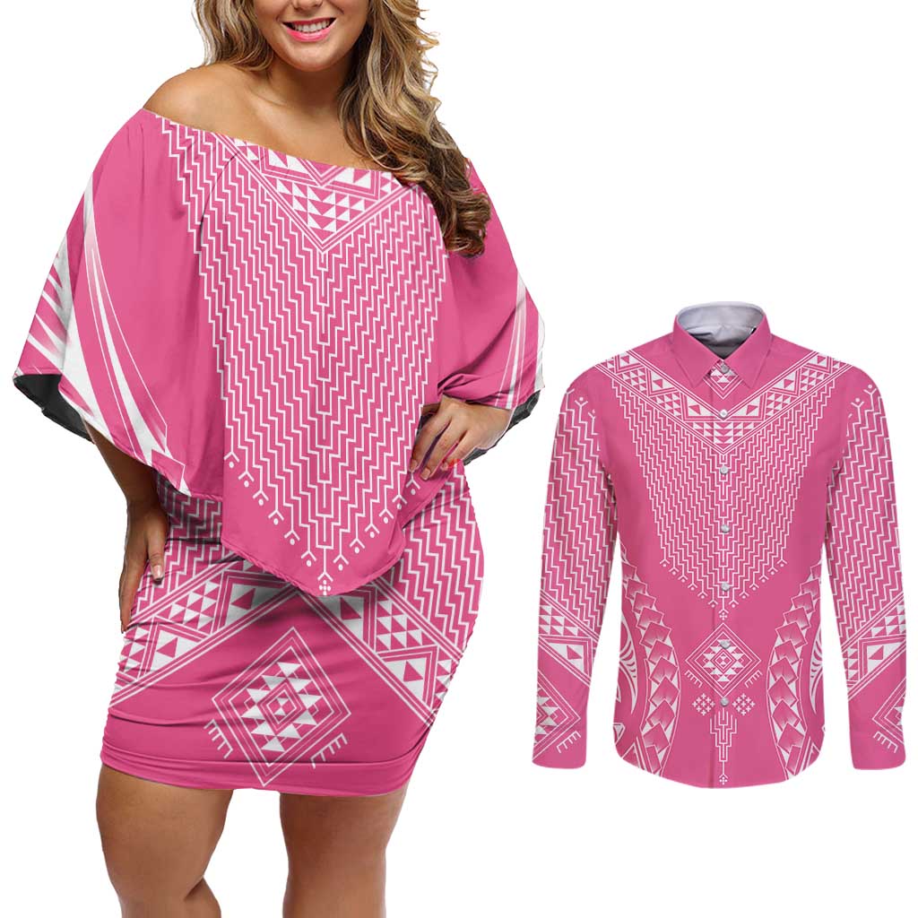2025 Rugby Championship New Zealand Custom Couples Matching Off Shoulder Short Dress and Long Sleeve Button Shirt Poutama Motifs - Pink Out LT7 Pink - Polynesian Pride