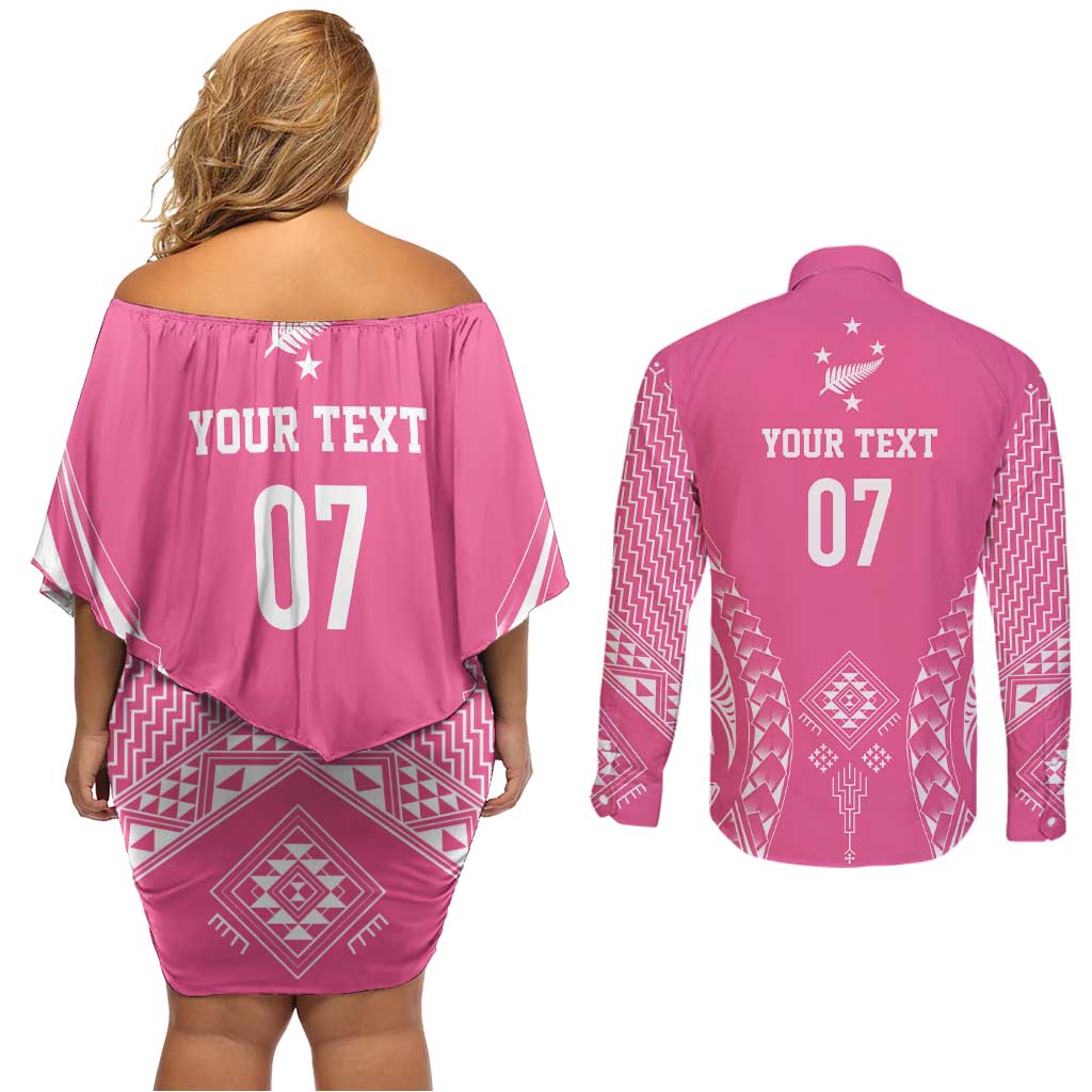 2025 Rugby Championship New Zealand Custom Couples Matching Off Shoulder Short Dress and Long Sleeve Button Shirt Poutama Motifs - Pink Out LT7 - Polynesian Pride