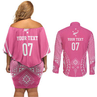 2025 Rugby Championship New Zealand Custom Couples Matching Off Shoulder Short Dress and Long Sleeve Button Shirt Poutama Motifs - Pink Out LT7 - Polynesian Pride