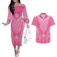 2025 Rugby Championship New Zealand Custom Couples Matching Off The Shoulder Long Sleeve Dress and Hawaiian Shirt Poutama Motifs - Pink Out LT7 Pink - Polynesian Pride