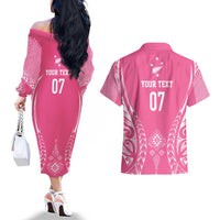 2025 Rugby Championship New Zealand Custom Couples Matching Off The Shoulder Long Sleeve Dress and Hawaiian Shirt Poutama Motifs - Pink Out LT7 - Polynesian Pride