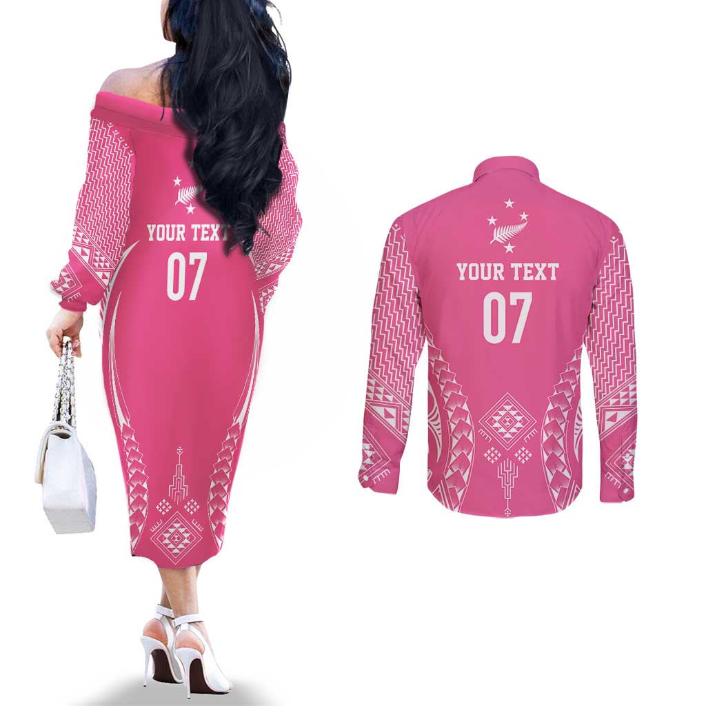2025 Rugby Championship New Zealand Custom Couples Matching Off The Shoulder Long Sleeve Dress and Long Sleeve Button Shirt Poutama Motifs - Pink Out LT7 - Polynesian Pride