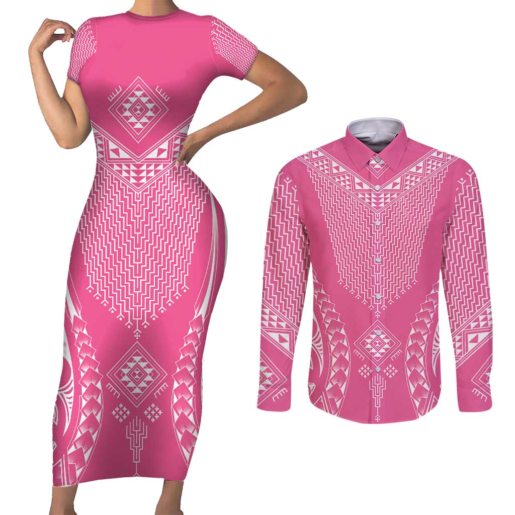 2025 Rugby Championship New Zealand Custom Couples Matching Short Sleeve Bodycon Dress and Long Sleeve Button Shirt Poutama Motifs - Pink Out LT7 Pink - Polynesian Pride