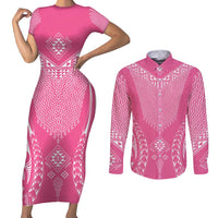 2025 Rugby Championship New Zealand Custom Couples Matching Short Sleeve Bodycon Dress and Long Sleeve Button Shirt Poutama Motifs - Pink Out LT7 Pink - Polynesian Pride