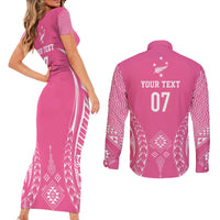 2025 Rugby Championship New Zealand Custom Couples Matching Short Sleeve Bodycon Dress and Long Sleeve Button Shirt Poutama Motifs - Pink Out LT7 - Polynesian Pride