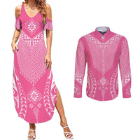 2025 Rugby Championship New Zealand Custom Couples Matching Summer Maxi Dress and Long Sleeve Button Shirt Poutama Motifs - Pink Out LT7 Pink - Polynesian Pride