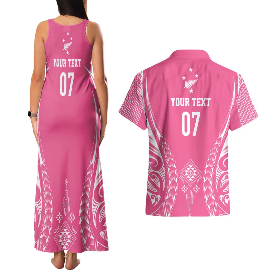 2025 Rugby Championship New Zealand Custom Couples Matching Tank Maxi Dress and Hawaiian Shirt Poutama Motifs - Pink Out LT7 - Polynesian Pride