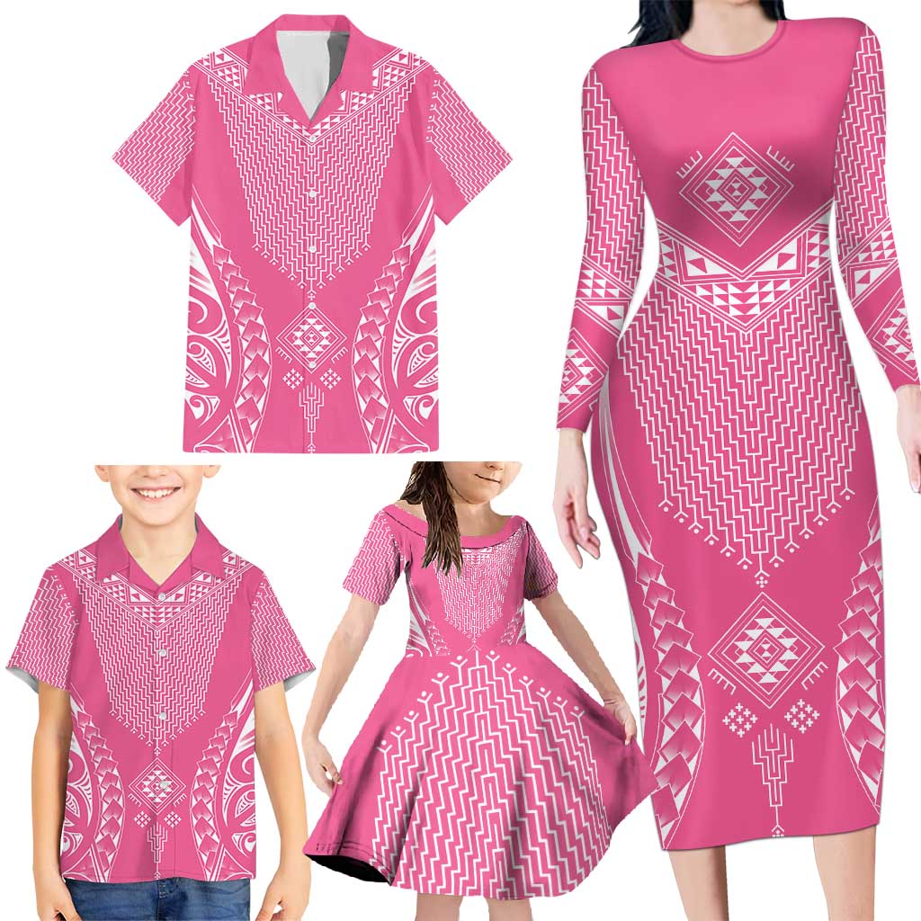 2025 Rugby Championship New Zealand Custom Family Matching Long Sleeve Bodycon Dress and Hawaiian Shirt Poutama Motifs - Pink Out LT7 - Polynesian Pride