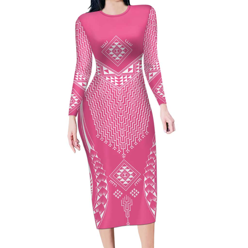 2025 Rugby Championship New Zealand Custom Family Matching Long Sleeve Bodycon Dress and Hawaiian Shirt Poutama Motifs - Pink Out LT7 Mom's Dress Pink - Polynesian Pride