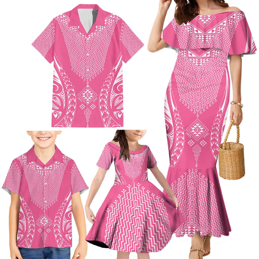 2025 Rugby Championship New Zealand Custom Family Matching Mermaid Dress and Hawaiian Shirt Poutama Motifs - Pink Out LT7 - Polynesian Pride