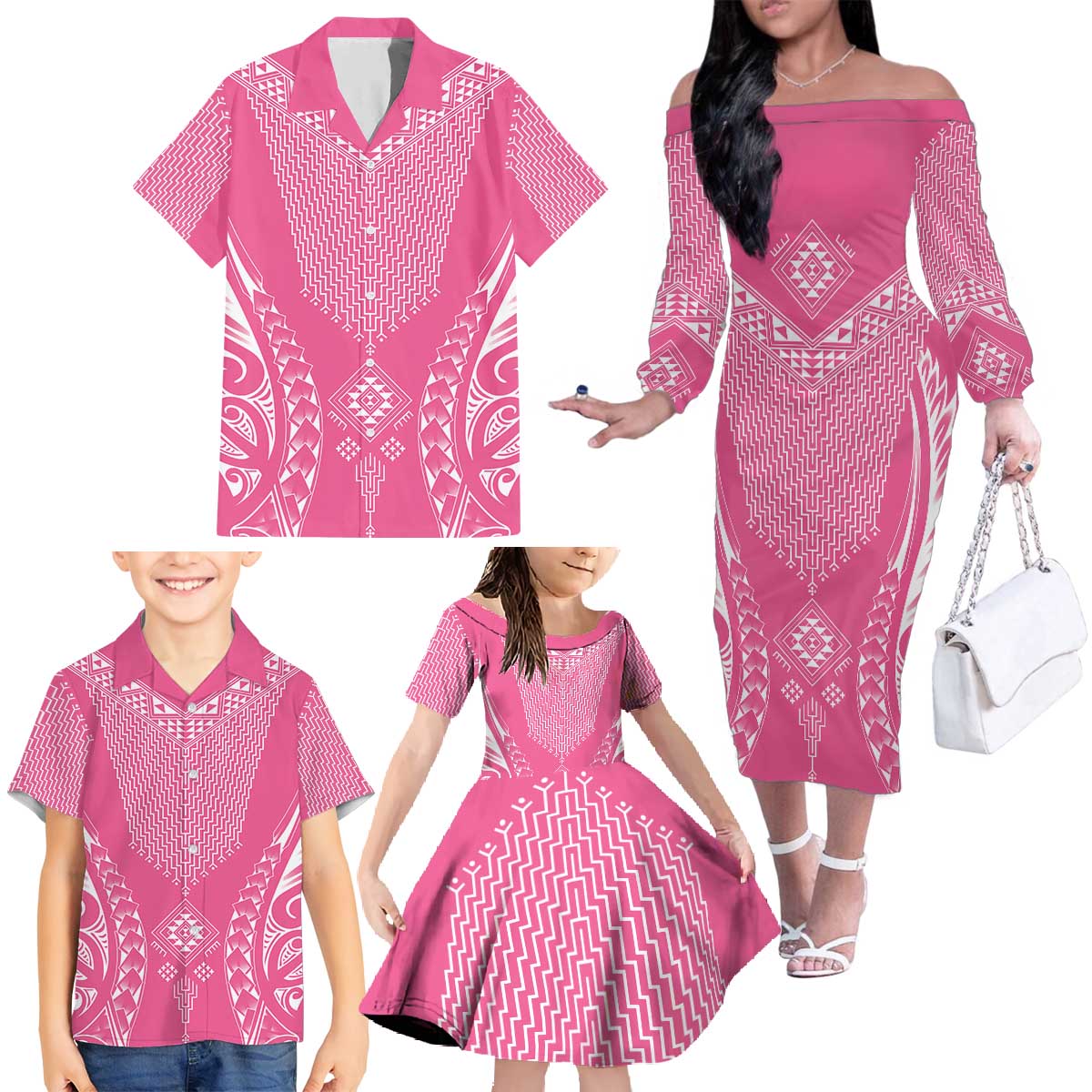 2025 Rugby Championship New Zealand Custom Family Matching Off The Shoulder Long Sleeve Dress and Hawaiian Shirt Poutama Motifs - Pink Out LT7 - Polynesian Pride