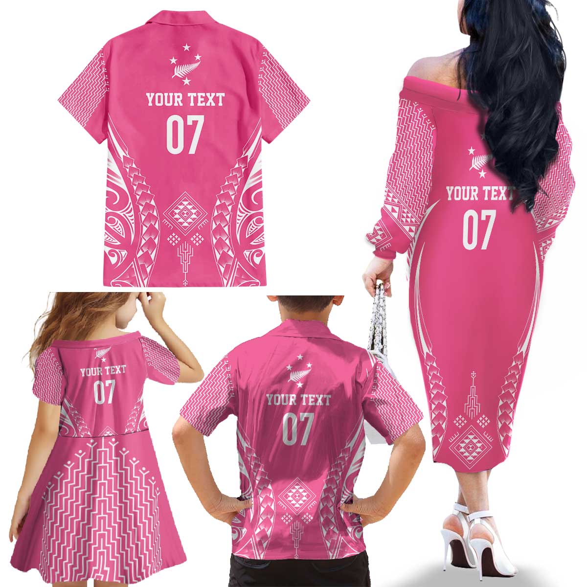 2025 Rugby Championship New Zealand Custom Family Matching Off The Shoulder Long Sleeve Dress and Hawaiian Shirt Poutama Motifs - Pink Out LT7 - Polynesian Pride